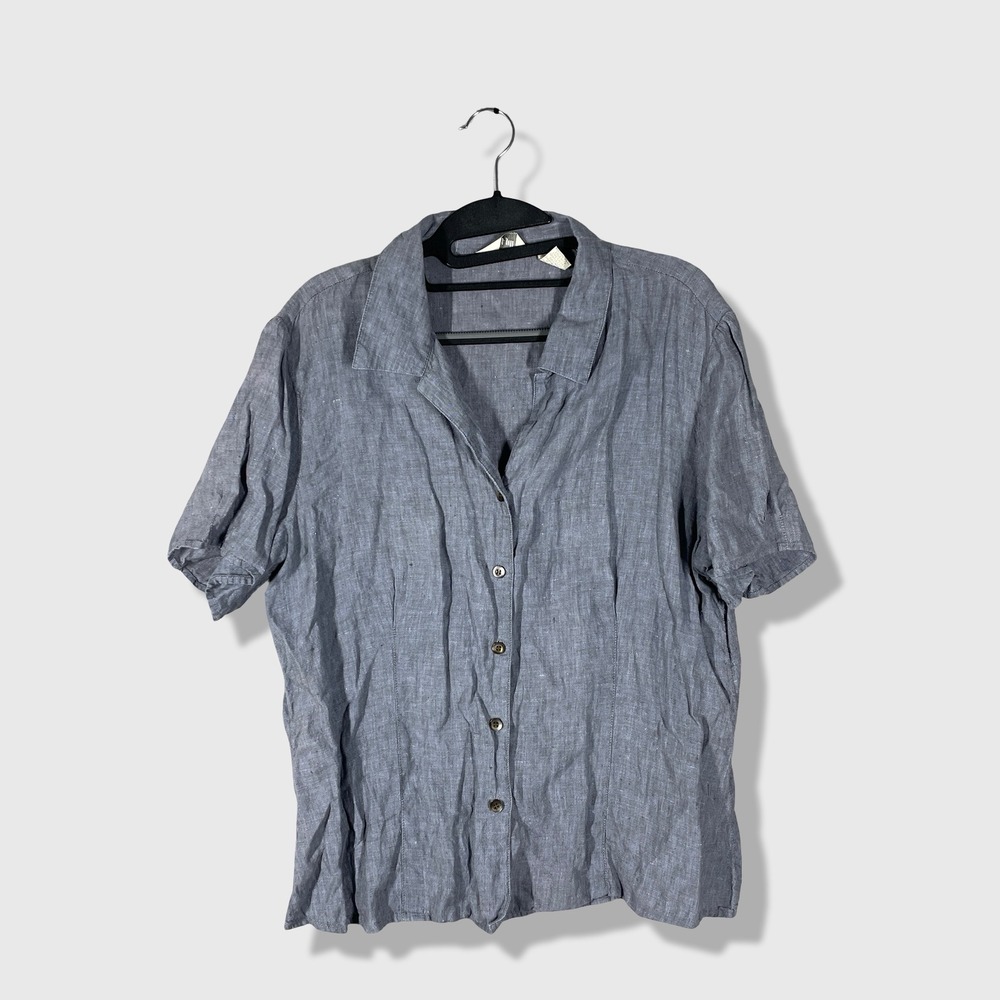 J. Jill Button Up Shirt Womens L Blue Linen Coastal Grandma Minimalist Lagenlook